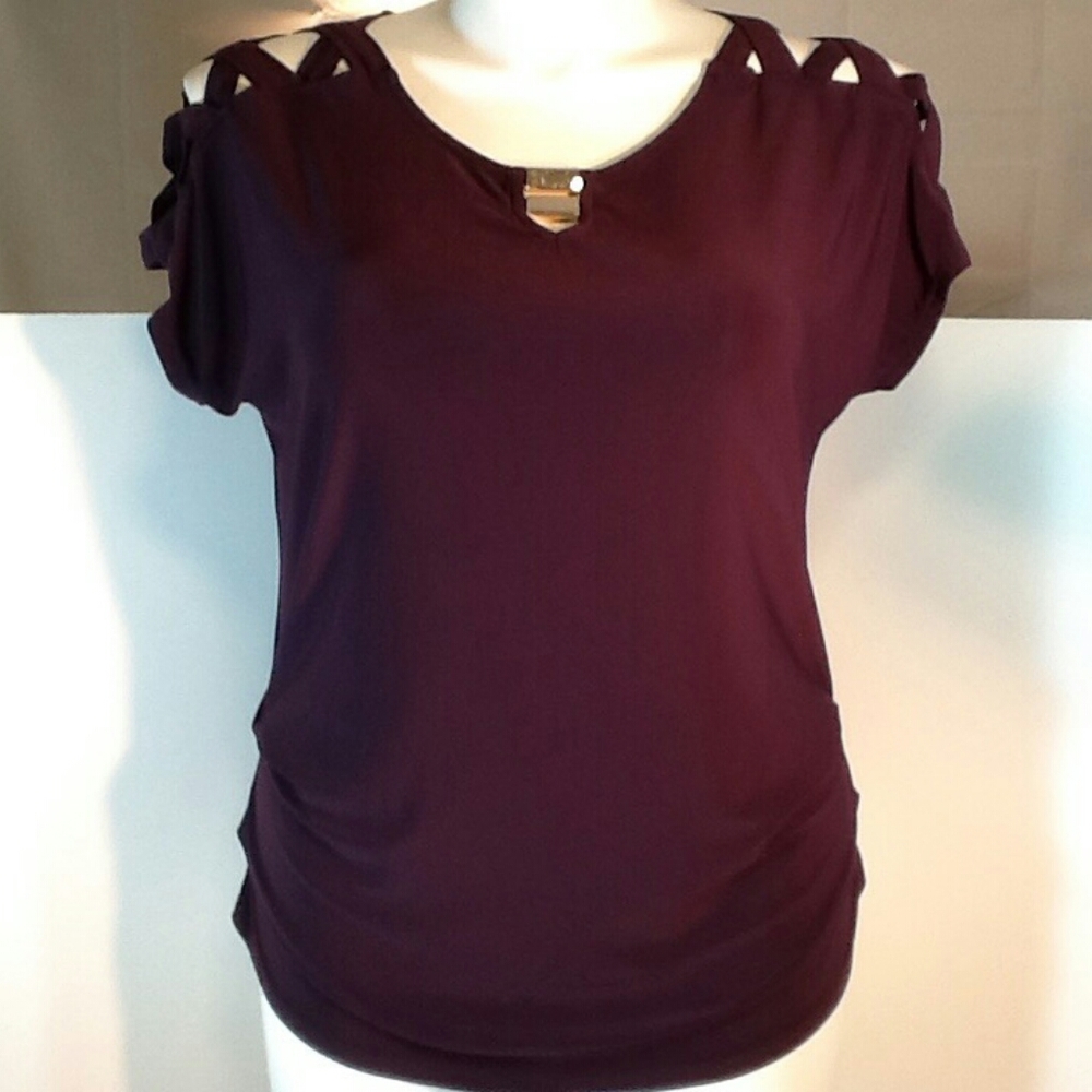 A.U.W Plum Stretchy Blouse W/Crisscross Shoulder
